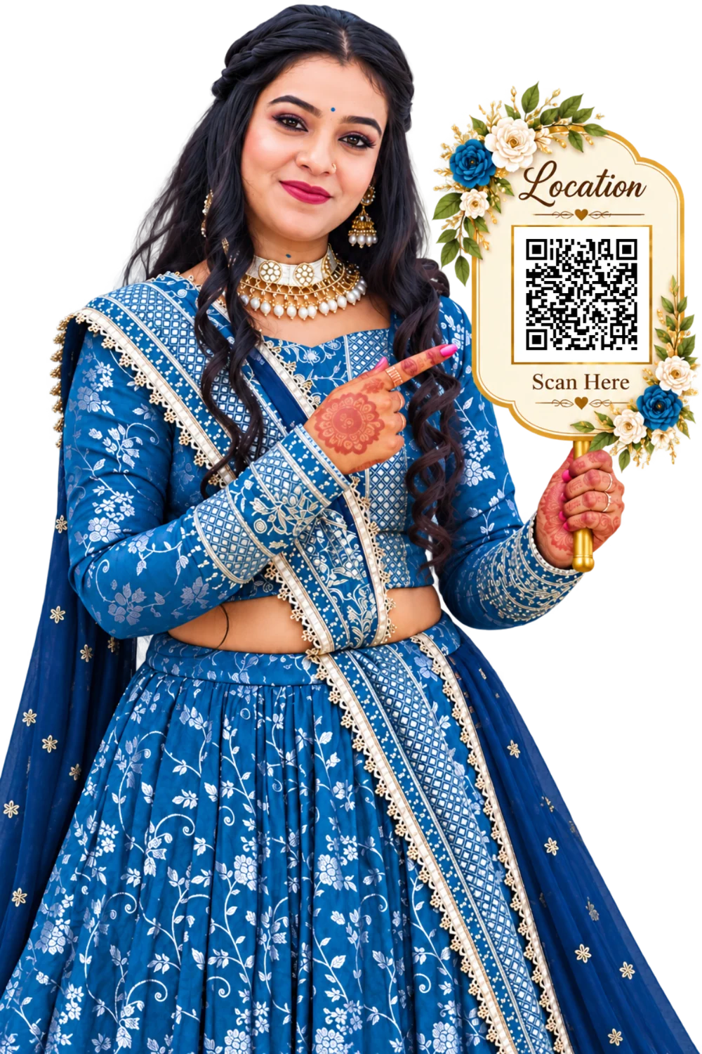 કન્યાના હાથમાં લોકેશન QR સાથેનું આમંત્રણ